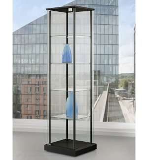 quadratisch Standvitrine ohne Rahmenprofile auf schwarzem Sockel