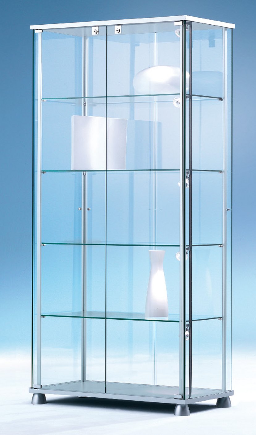 Ganzglas-Schrankvitrine ohne Rahmengestell abschließbare, zweiflügligen Drehtüren