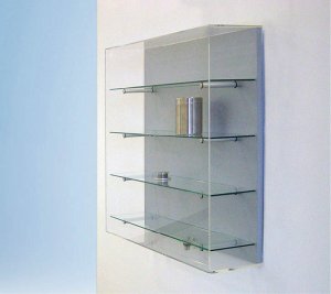 Rahmenlose Wandvitrine mit abnehmbarer Acrylglas-Vitrinenhaube