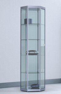 gleichschenklige Sechseck-Standvitrine abschließbar Drehtür verstellbare Glasböden