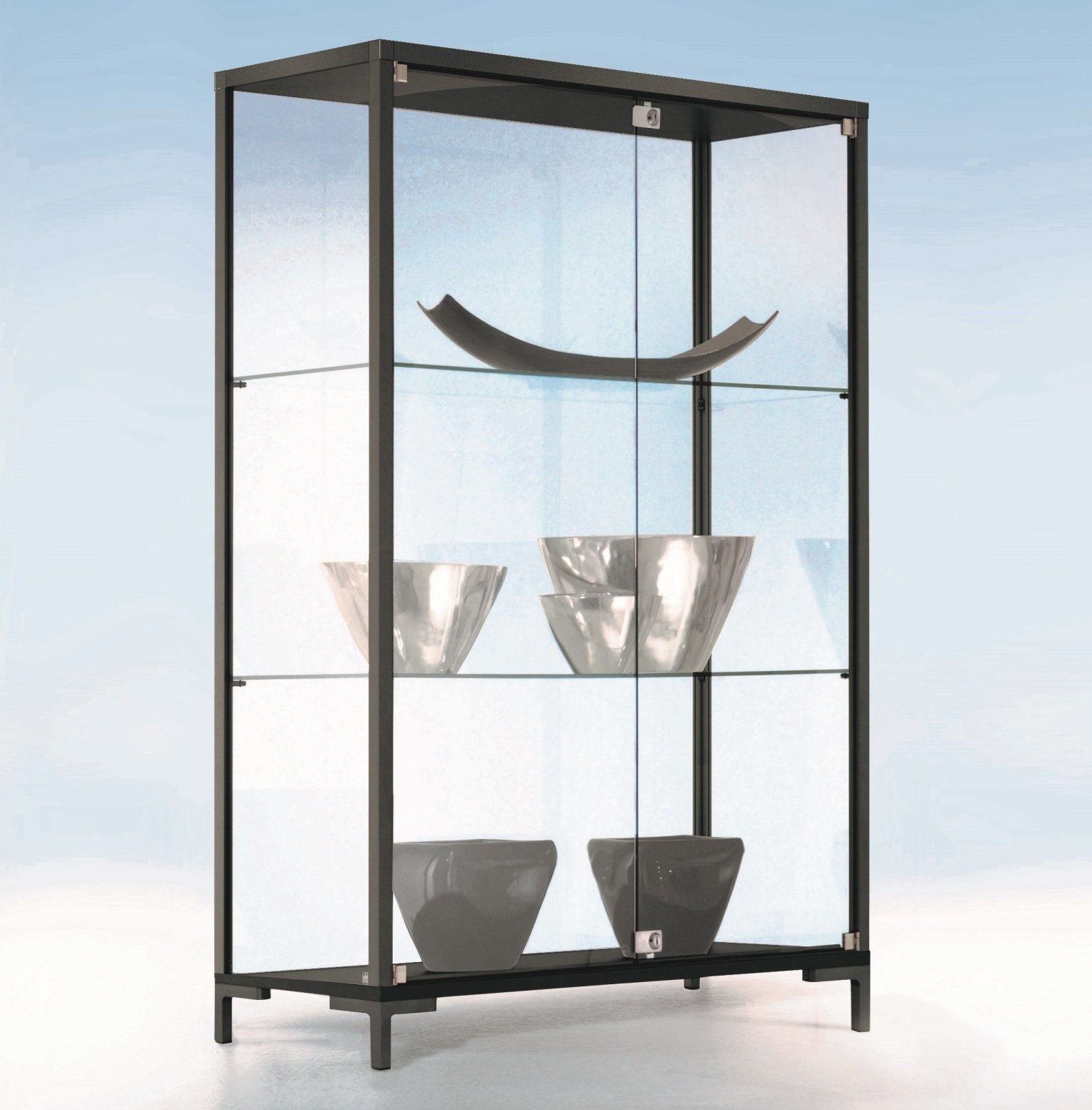 Massive Schrankvitrine Metallgestell, Boden und Decke schwarz