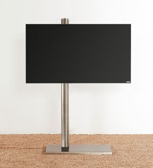 eleganter TV-Standfuß aus fein gebürstetem Edelstahl