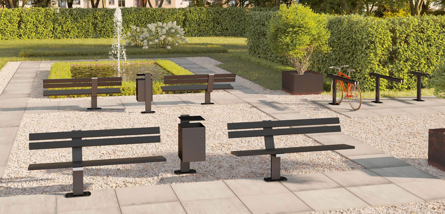 massive Metall-Parkbank mit Outdoor-Abfalleimer zur festen Bodenmontage mit Schrauben