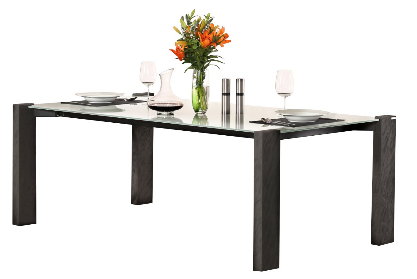 Design-Esstisch mit wei&szlig;er Glastischplatte Massivholz-Tischbeine Schieferoptik