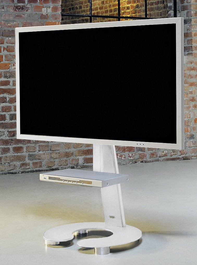 Fernseher-Standfu&szlig; mit Edelstahl-Fachboden und verdeckten Laufrollen